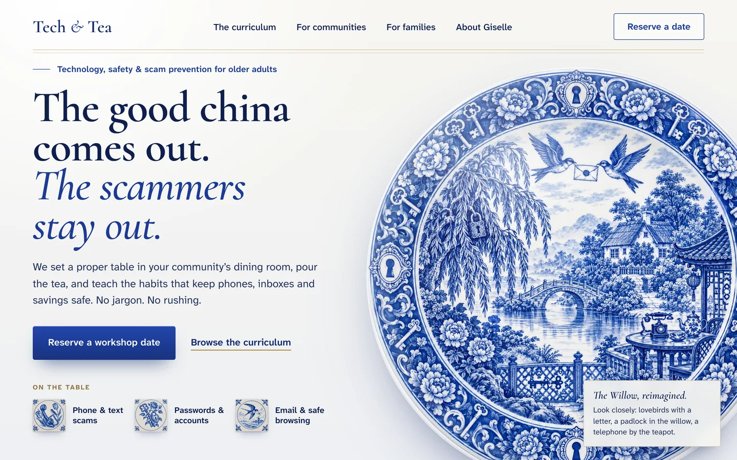 Blue Willow homepage: cobalt porcelain plate with hidden padlock, letter and telephone