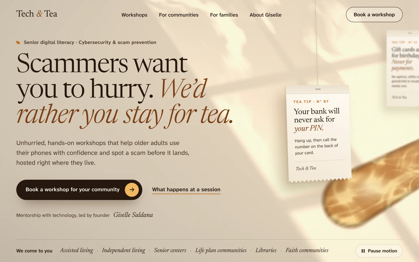 Golden Hour homepage: sunlit linen, hanging tea tags with scam tips