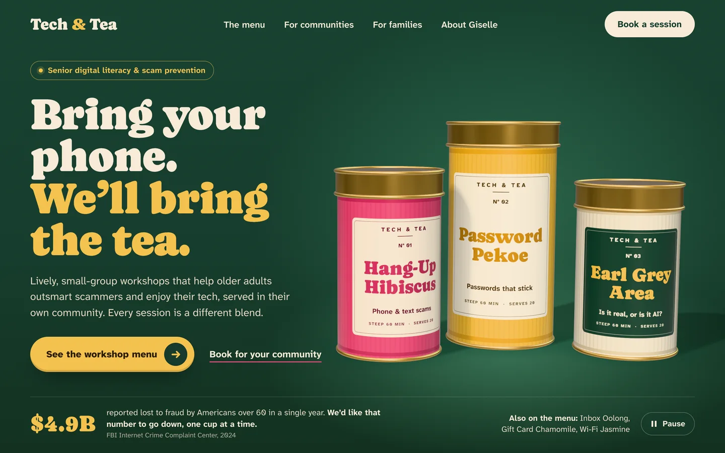 The Blends homepage: three 3D tea tins named after workshops