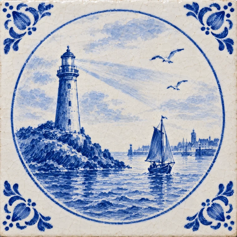Delft tile: a lighthouse guiding a boat home
