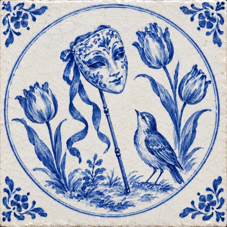 Delft tile: a theatre mask on a stick