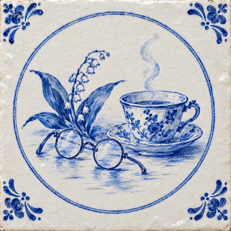 Delft tile: reading glasses beside a teacup